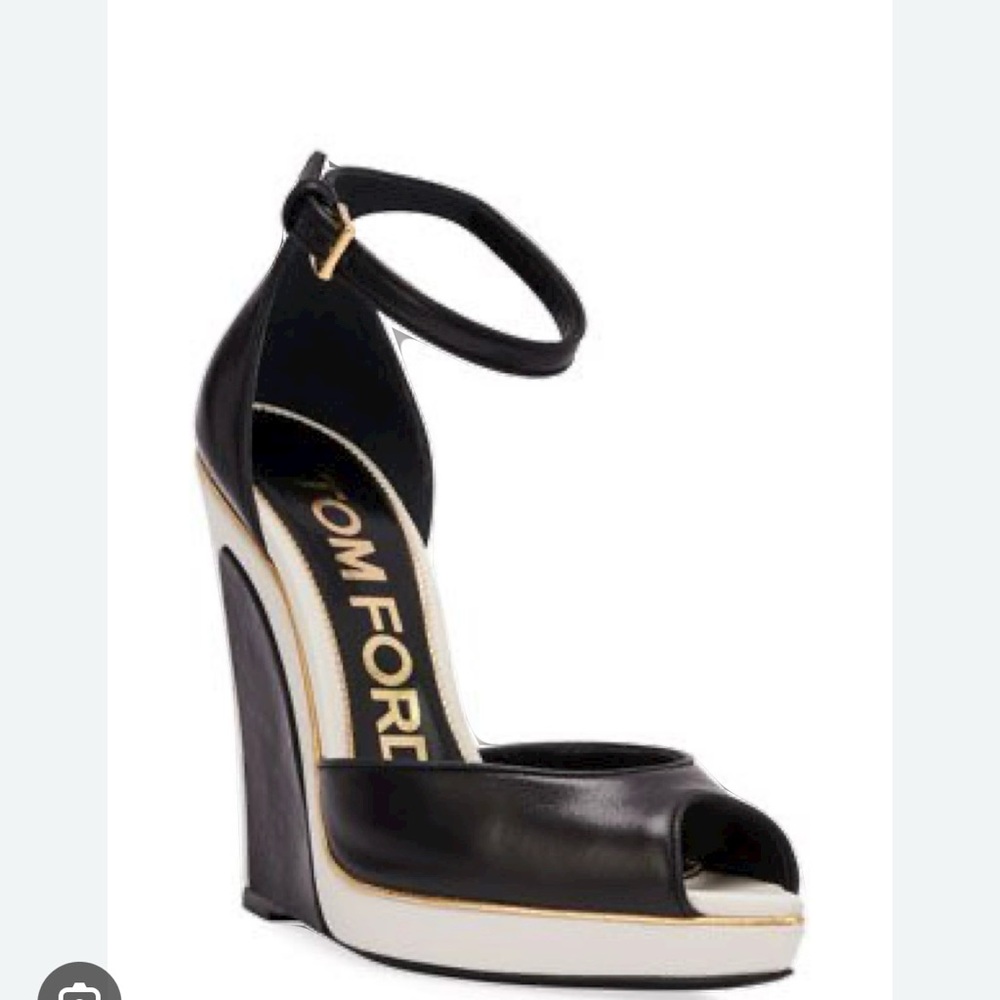 TOM FORD BLACK AND WHITE Leather WEDGE SANDAL TROMPE L’oeil 7/37 NWT! Never worn
